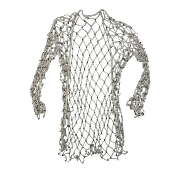 Fishnet Crochet & Ball Long Sleeve Open Front Cardigan in White & Silver - Picture 1 of 2